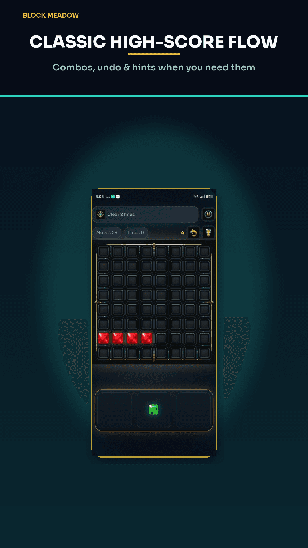 Classic block puzzle board in Block Meadow with gem pieces in the tray